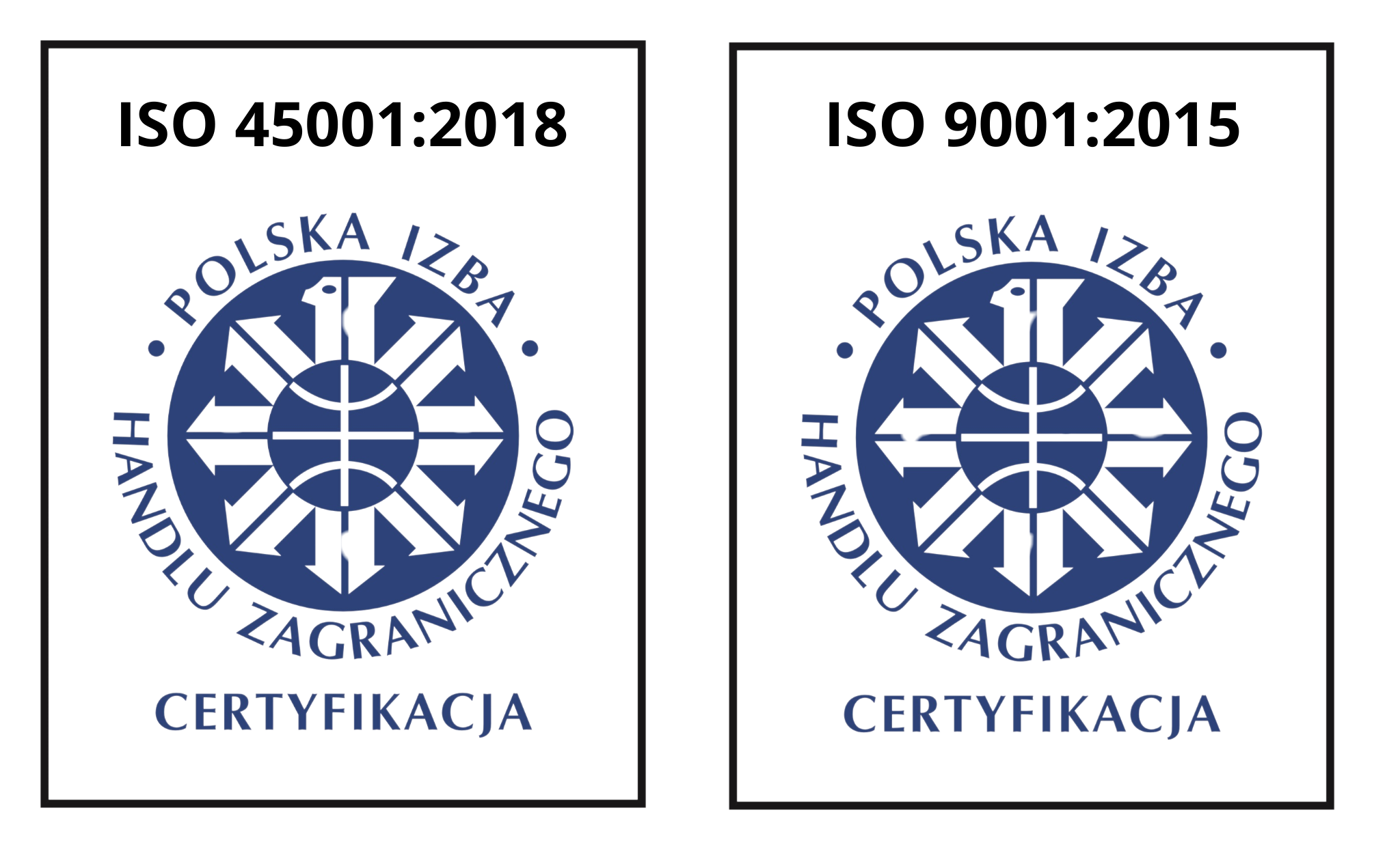 dwa certyfikaty ISO na jednym zdjęciu bez tła